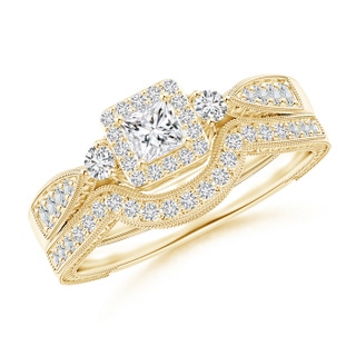 3.2mm HSI2 Milgrain Laced Princess-Cut Diamond Halo Bridal Set  in 18K Yellow Gold