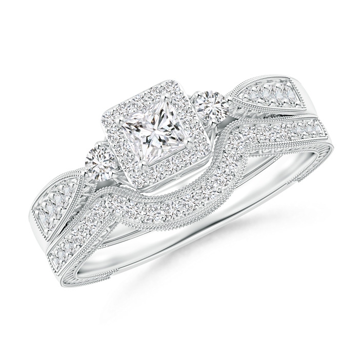 3.2mm HSI2 Milgrain Laced Princess-Cut Diamond Halo Bridal Set  in White Gold 