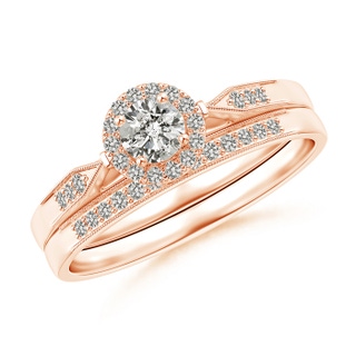 3.8mm JI2 Tapered Milgrain Shank Diamond Halo Bridal Set in Rose Gold