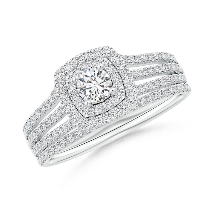 3.8mm HSI2 Pavé-Set Cushion Halo Diamond Triple Shank Bridal Set in White Gold