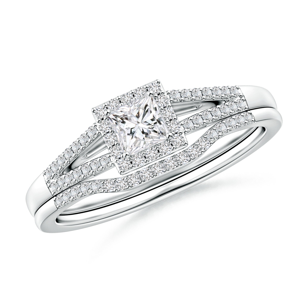 3.5mm HSI2 Princess-Cut Diamond Halo Split Shank Bridal Set in White Gold