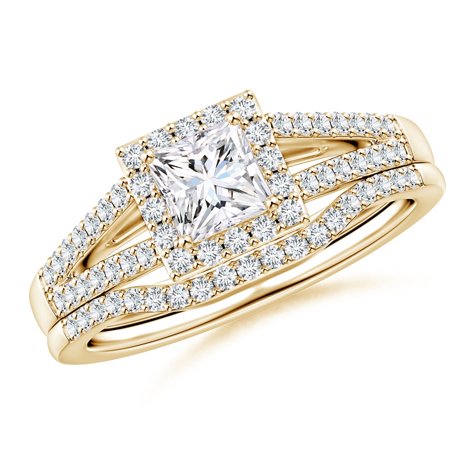 4.7mm GVS2 Princess-Cut Diamond Halo Split Shank Bridal Set in Yellow Gold 