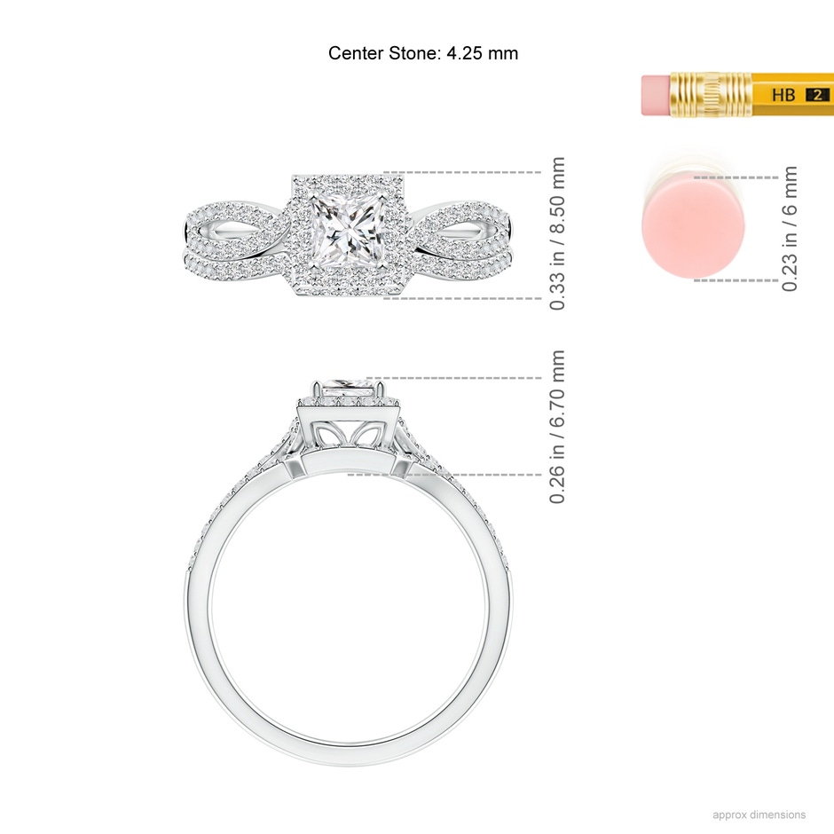 4.25mm HSI2 Princess-Cut Diamond Halo Criss-Cross Shank Bridal Set in White Gold ruler