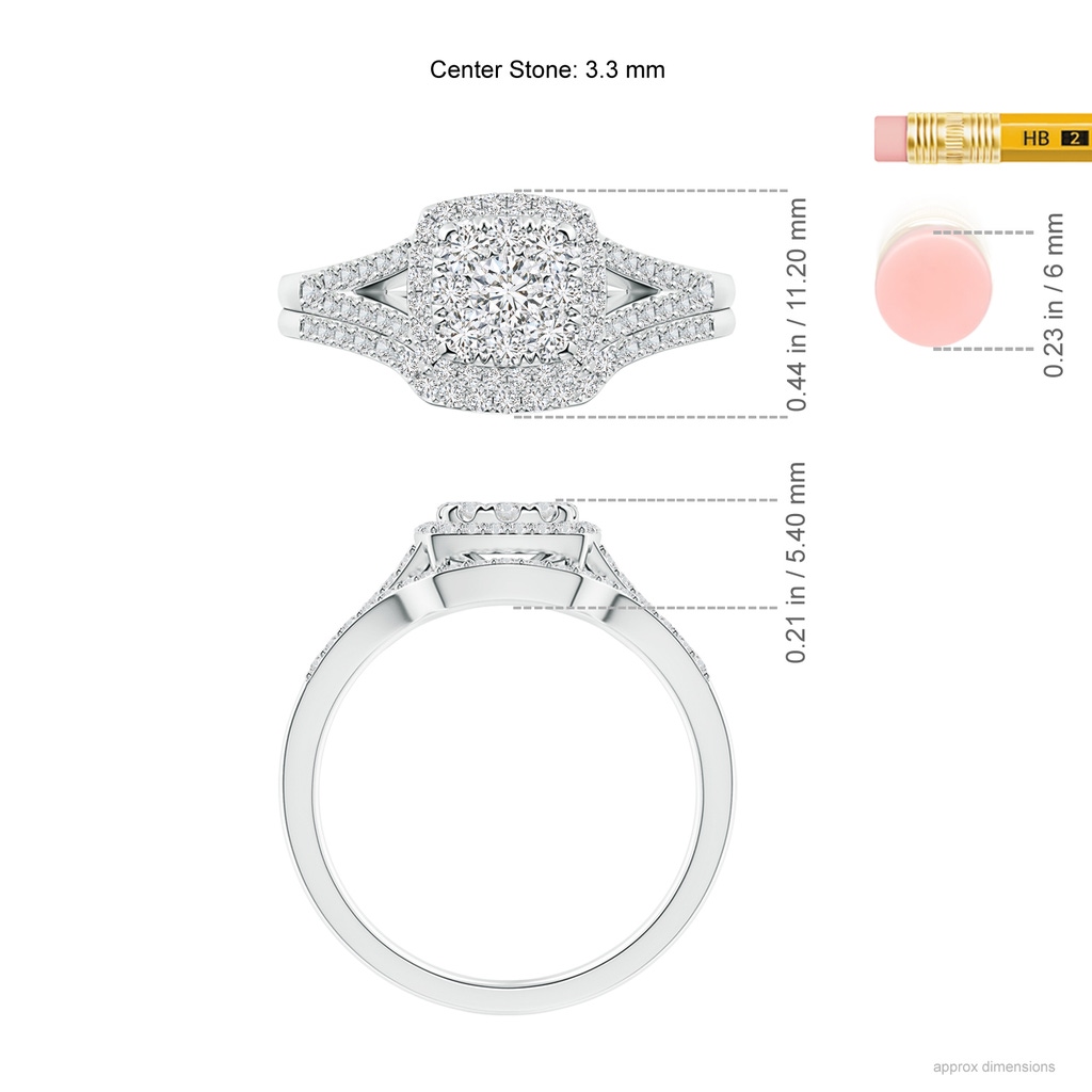 3.3mm HSI2 Cushion Composite Diamond Halo Split Shank Bridal Set in White Gold Ruler
