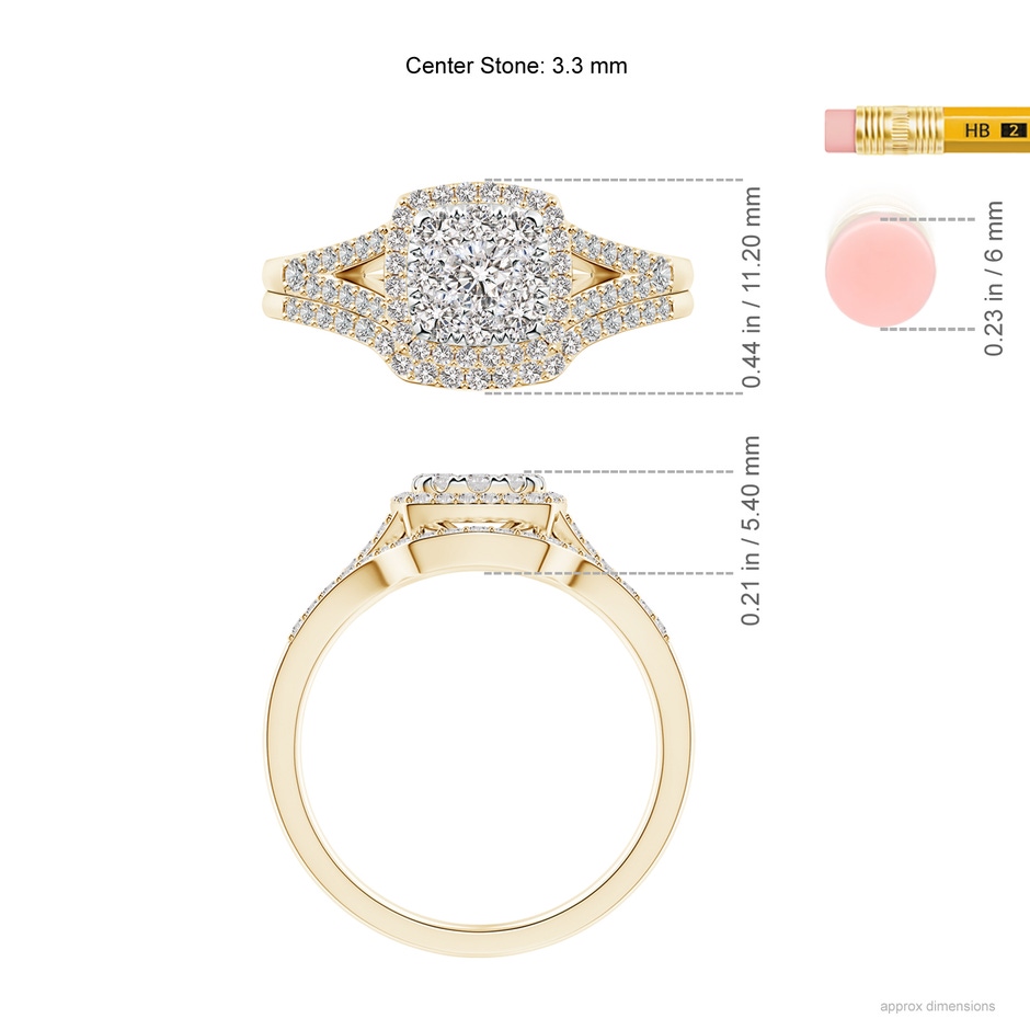 3.3mm IJI1I2 Cushion Composite Diamond Halo Split Shank Bridal Set in Yellow Gold ruler