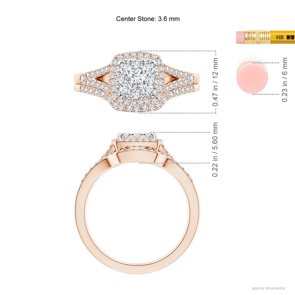 3.6mm GVS2 Cushion Composite Diamond Halo Split Shank Bridal Set in Rose Gold ruler