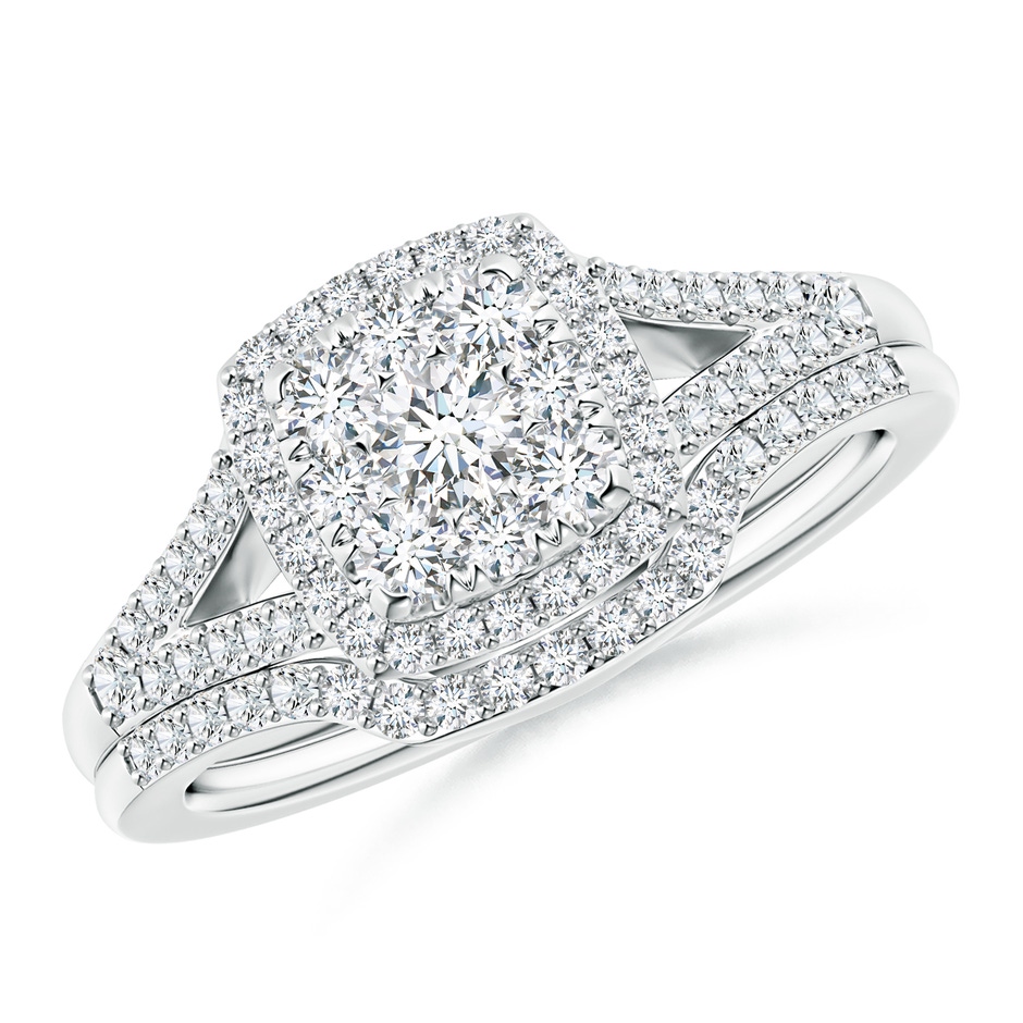 3.6mm GVS2 Cushion Composite Diamond Halo Split Shank Bridal Set in White Gold 