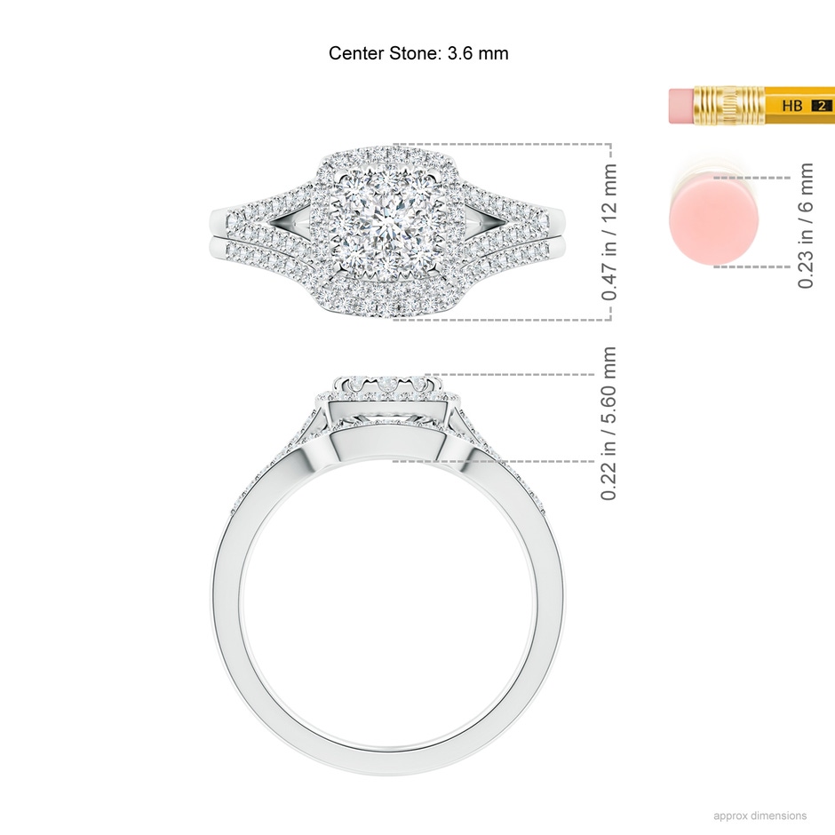 3.6mm GVS2 Cushion Composite Diamond Halo Split Shank Bridal Set in White Gold ruler