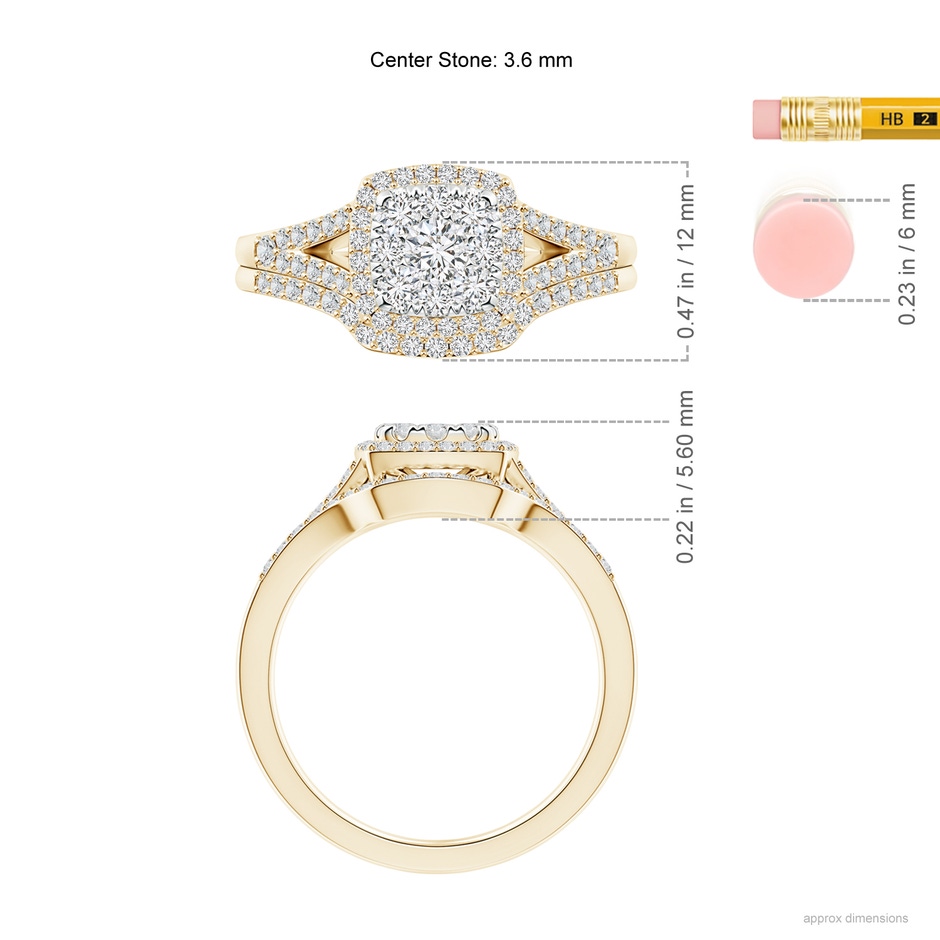 3.6mm HSI2 Cushion Composite Diamond Halo Split Shank Bridal Set in Yellow Gold ruler