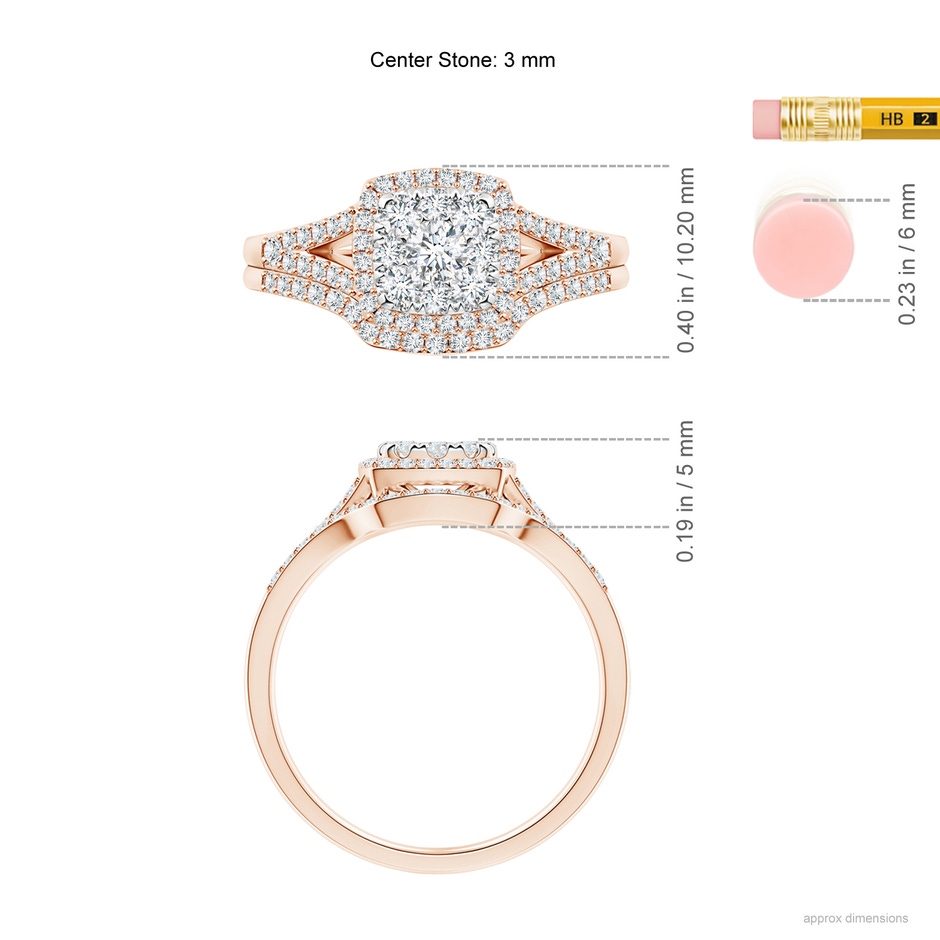 3mm GVS2 Cushion Composite Diamond Halo Split Shank Bridal Set in Rose Gold ruler