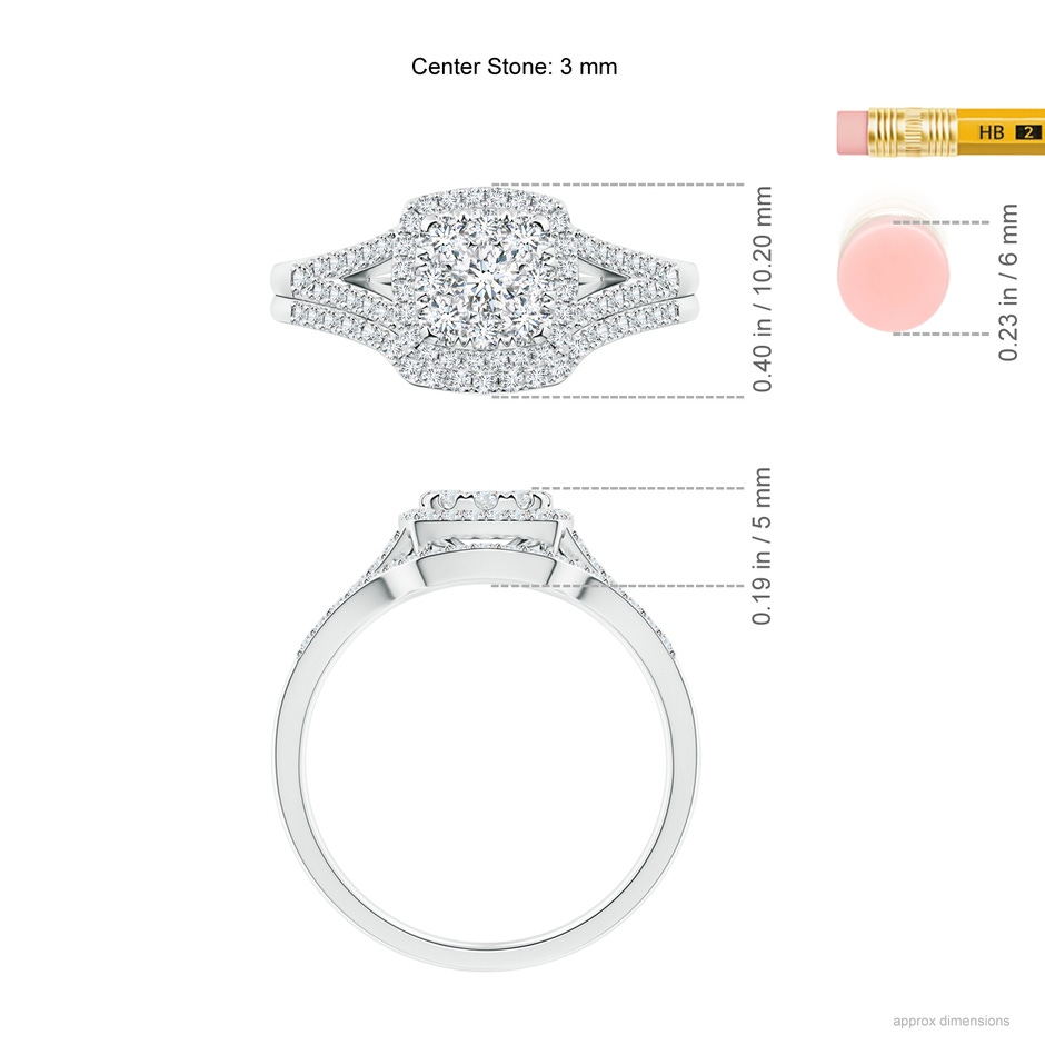 3mm GVS2 Cushion Composite Diamond Halo Split Shank Bridal Set in White Gold ruler
