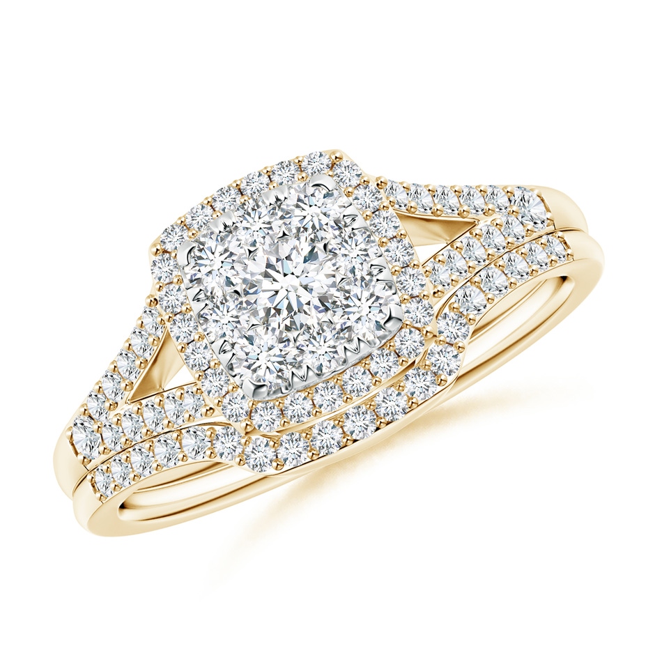 3mm GVS2 Cushion Composite Diamond Halo Split Shank Bridal Set in Yellow Gold 