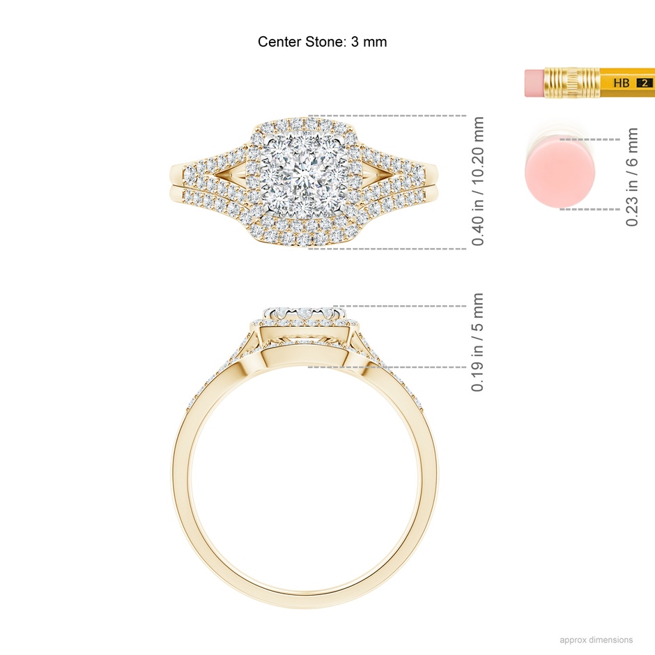 3mm GVS2 Cushion Composite Diamond Halo Split Shank Bridal Set in Yellow Gold ruler