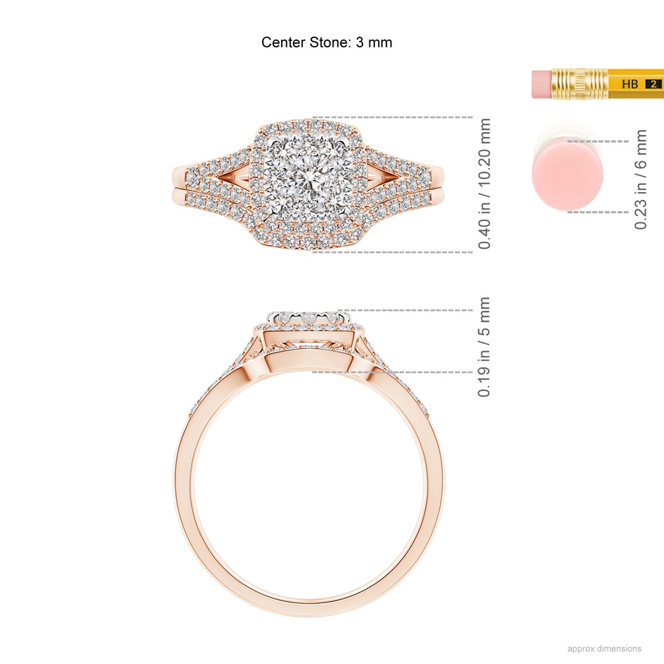 3mm IJI1I2 Cushion Composite Diamond Halo Split Shank Bridal Set in Rose Gold ruler