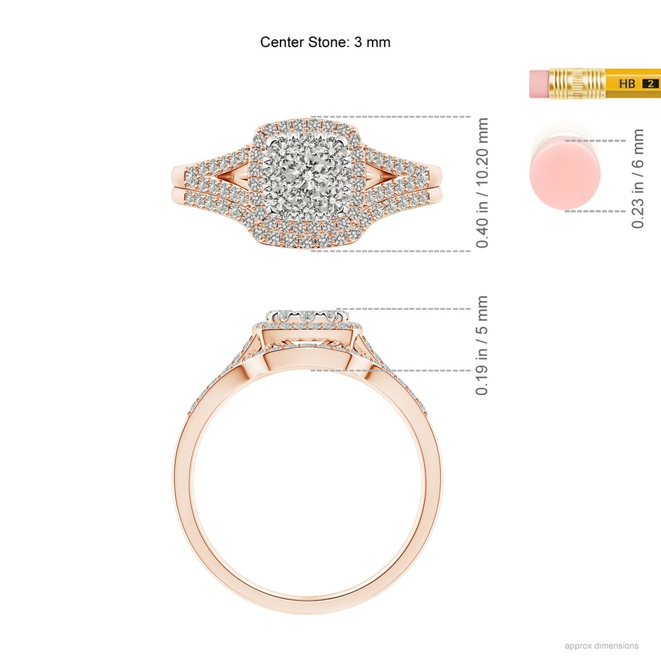 3mm KI3 Cushion Composite Diamond Halo Split Shank Bridal Set in Rose Gold ruler