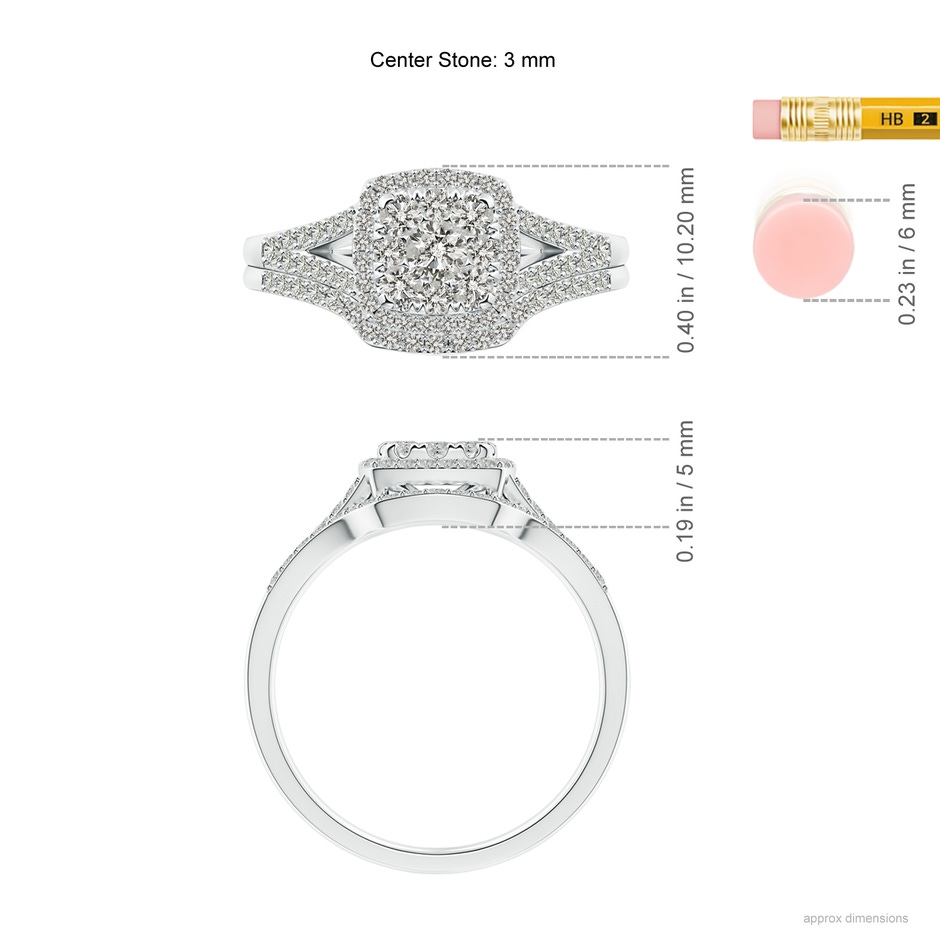 3mm KI3 Cushion Composite Diamond Halo Split Shank Bridal Set in White Gold ruler