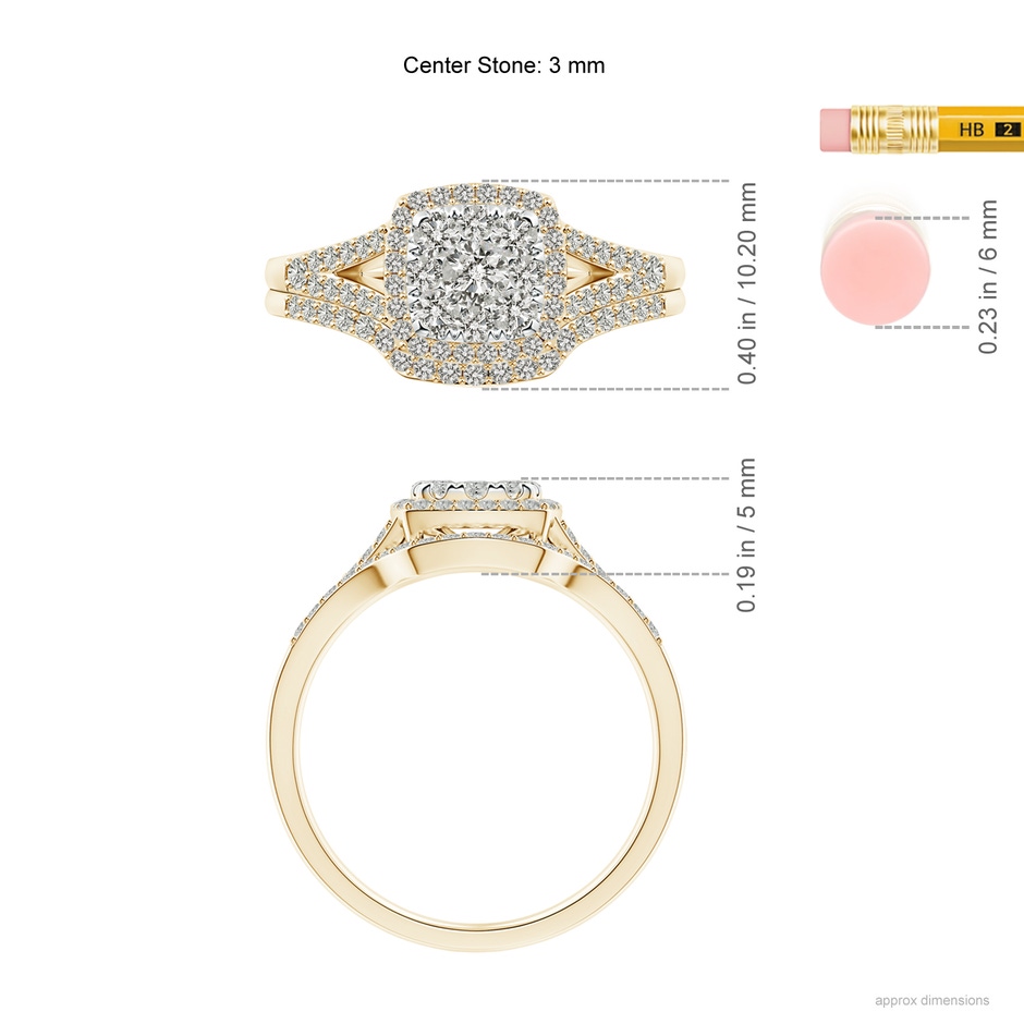 3mm KI3 Cushion Composite Diamond Halo Split Shank Bridal Set in Yellow Gold ruler