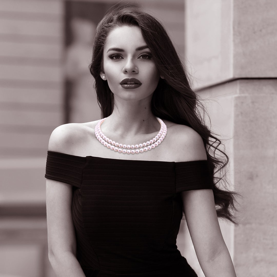 7.5-8.5mm Double Row Bowknot 7.5-8.5mm, 18" Japanese Akoya Pearl Double Strand Necklace in White Gold - body_view 1